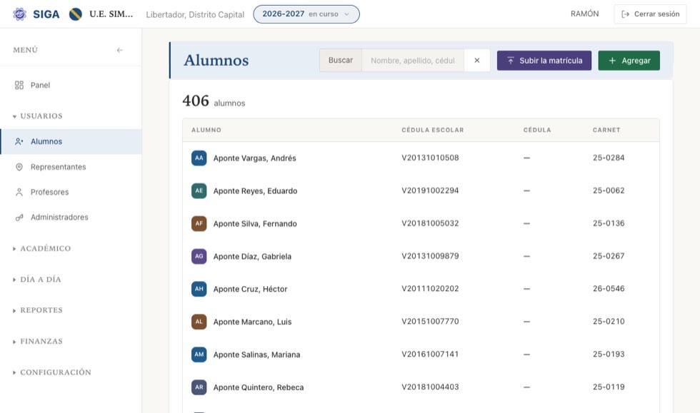 El listado de alumnos. Se busca palabra por palabra y sin acentos: «sofia» encuentra a Sofía.