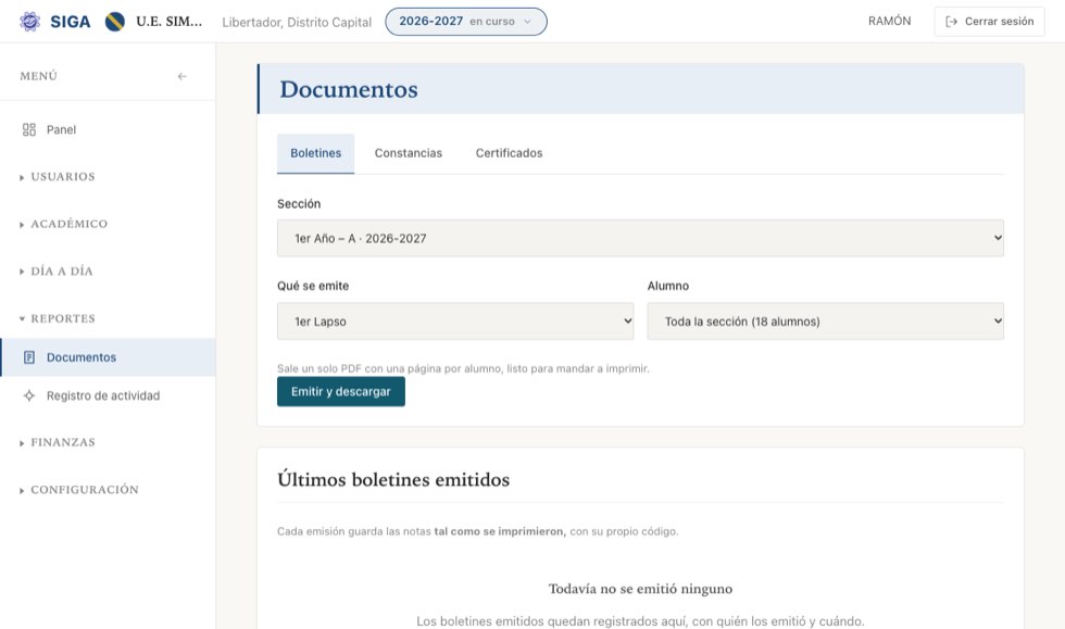 Emitir boletines: una sección, un lapso —o el año completo— y un alumno o todos.