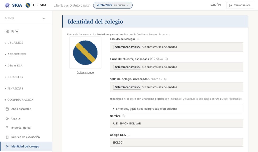 La identidad del colegio: los datos que van en el membrete de todos los papeles.