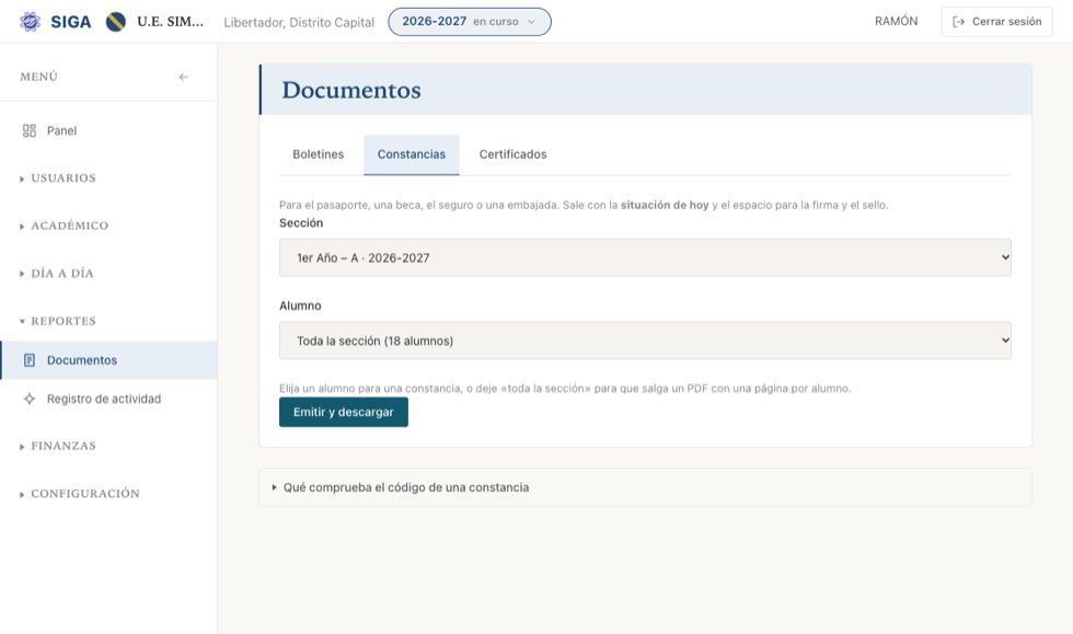 Constancia de estudios: sección, alumno —o toda la sección— y a emitir.