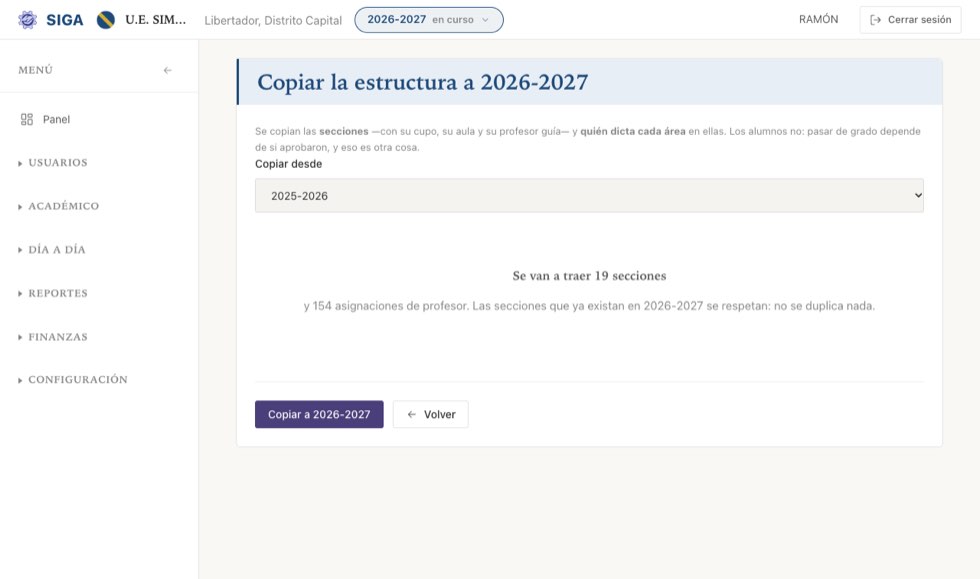 Antes de copiar, SIGA dice exactamente qué va a traer: «se van a traer 19 secciones y 154 asignaciones de profesor».
