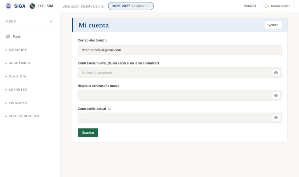 «Mi cuenta». El correo se muestra pero no se cambia desde aquí — es la llave con la que se entra.