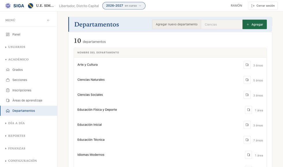 Los departamentos agrupan áreas. Son opcionales, pero ordenan el pensum cuando son muchas.