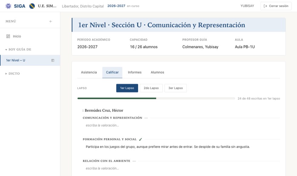 La pestaña «Calificar» de una sección de Inicial: en vez de una planilla de números, un campo de texto por área y por niño.