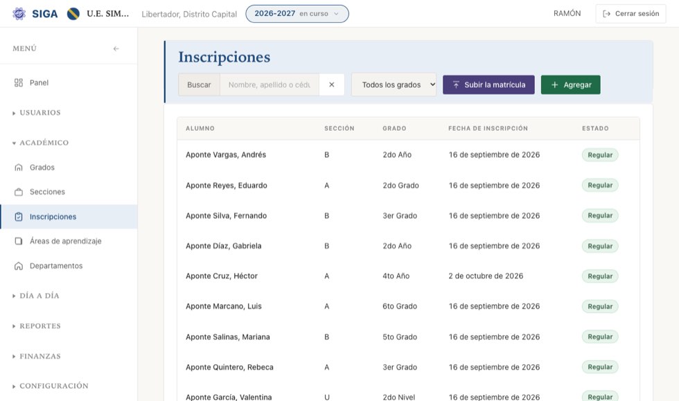 El listado de inscripciones del año, con su estado.