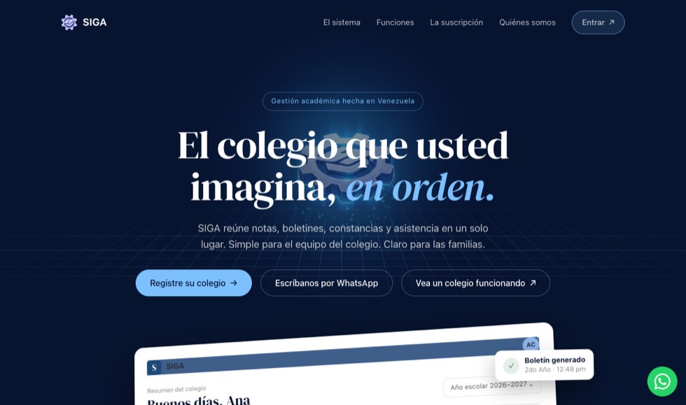 El sitio público de SIGA. El botón principal, «Registre su colegio», es de donde sale la cuenta; al lado, el WhatsApp de SIGA y un colegio de muestra para verlo funcionando sin registrarse.