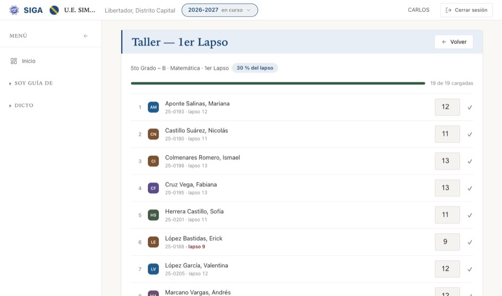 La planilla de notas. Se guarda sola, al salir de cada campo.