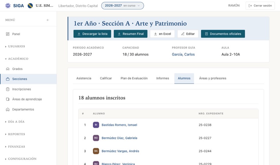 Una sección de bachillerato: además de la lista, el Resumen Final en PDF y en Excel.